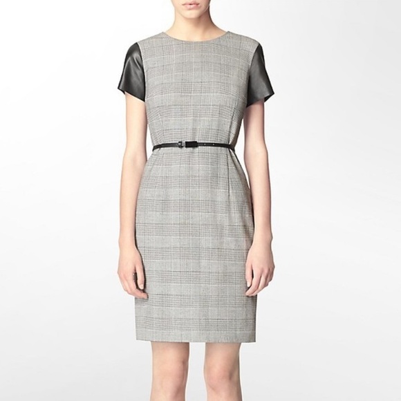 Calvin Klein Plaid Sheath Dress with Leather Trim Size 8 Medium - Picture 1 of 11